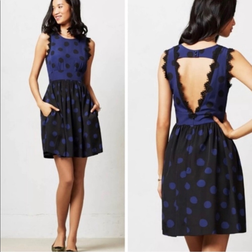 Anthropologie Black and Blue Dot Dress